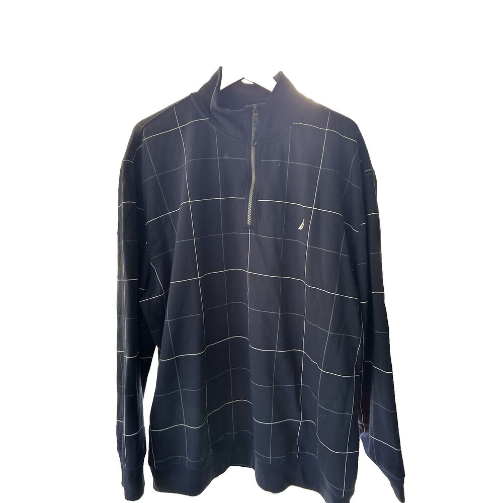Men's Nautica 1/4 zip Large Plaid Blue White Cotton Blend 3XL Long Sleeve Knit